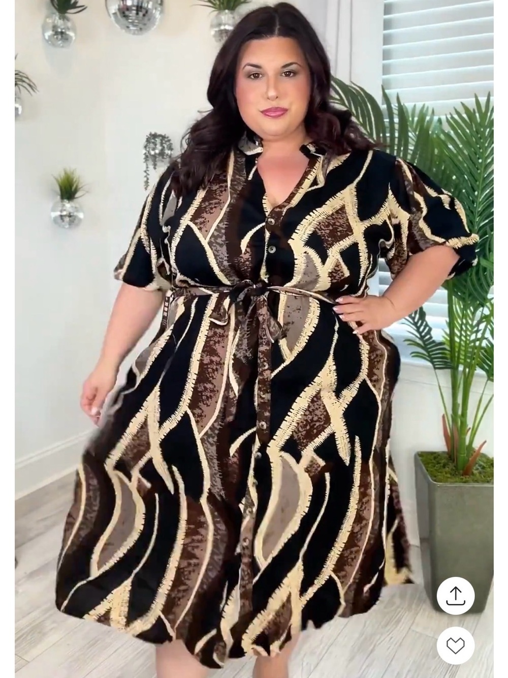 Plus Black, Brown & Cream Abstract Midi Shirt Dress